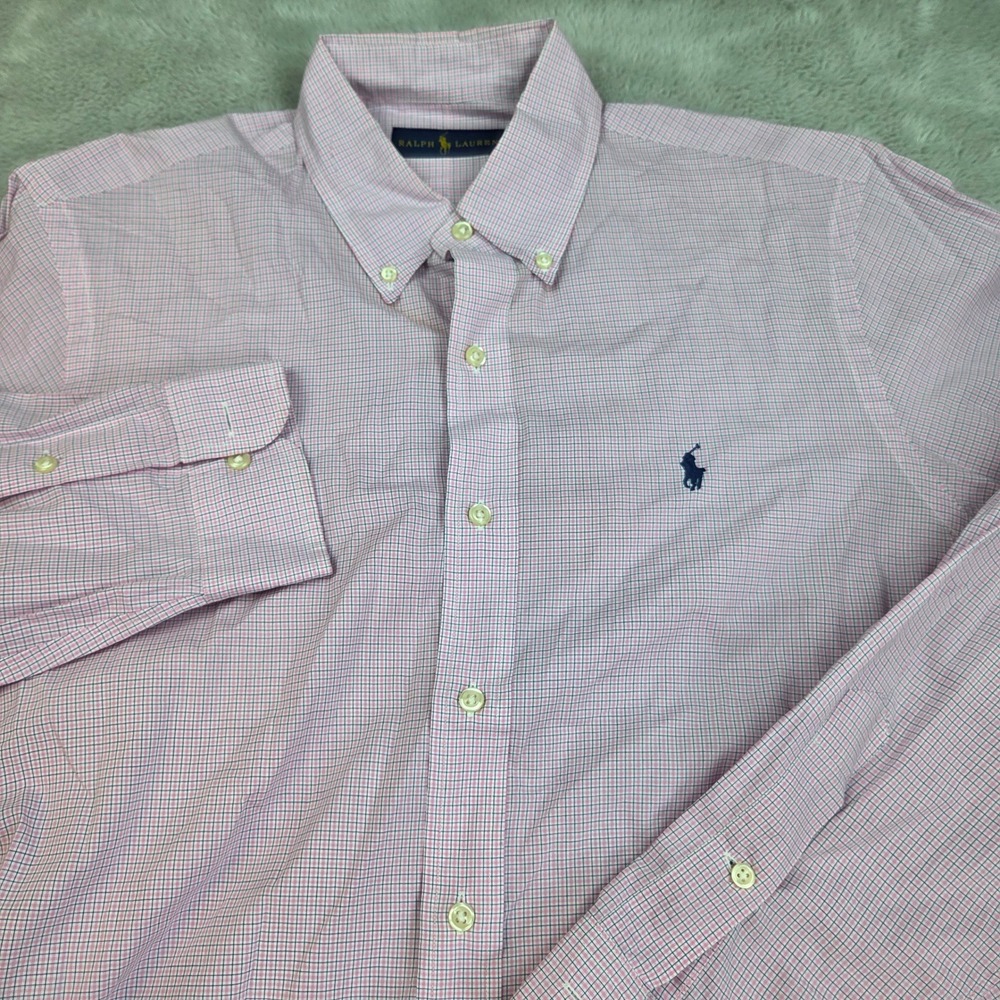 Ralph Lauren Button Down Shirt Mens M Micro Check Long Sleeve Cotton Pink White